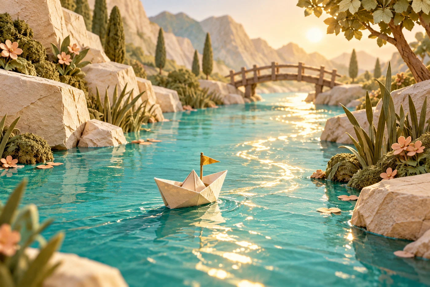 A paper boat on a turquoise river, surrounded by flowers, rocks, and a small wooden bridge.