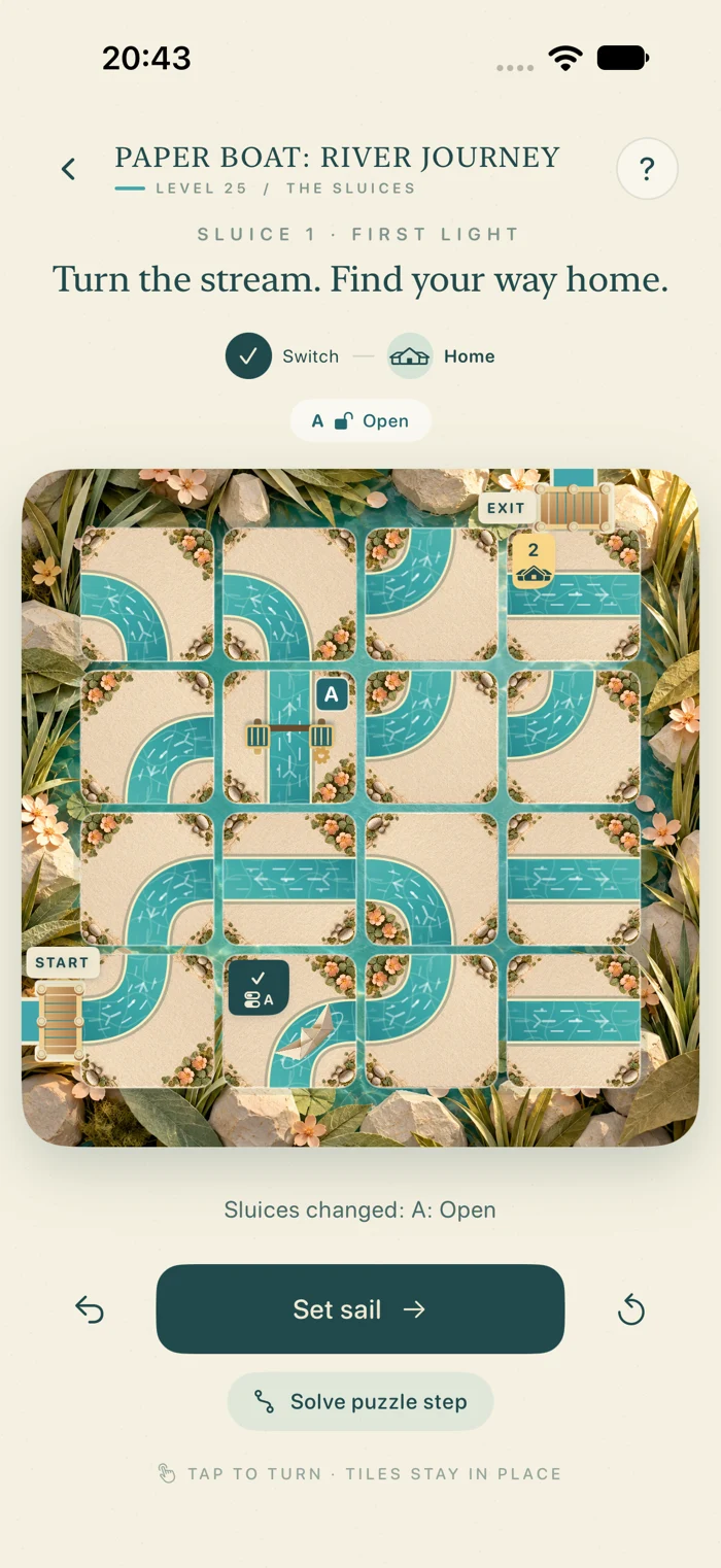 Actual gameplay in level 25: switch A has opened its matching sluice, creating a passage through the waterway.